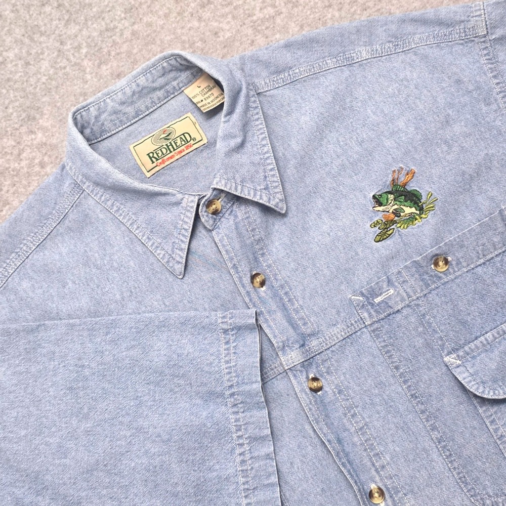 RedHead Men's Large Short Sleeve Denim Shirt Embroidered‎ Bass Fishing Outdoor